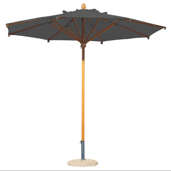Houtstokparasol met iroko houten middenmast en baleinen. Voorzien van antraciet doek.