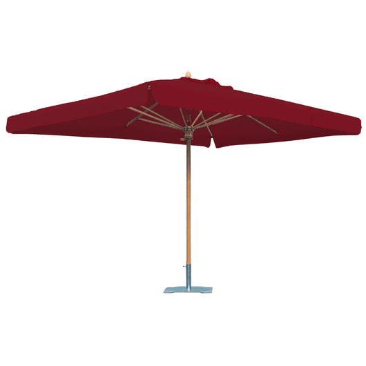 Houtstokparasol met iroko houten middenmast en baleinen. Voorzien van bordeaux doek.