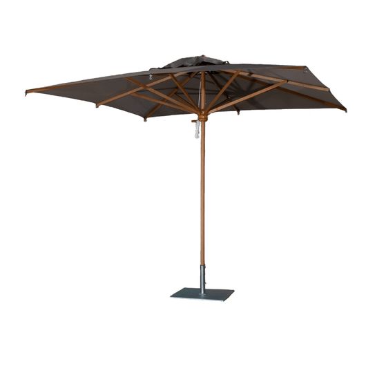 Houtstokparasol met iroko houten middenmast en baleinen. Voorzien van taupe doek.