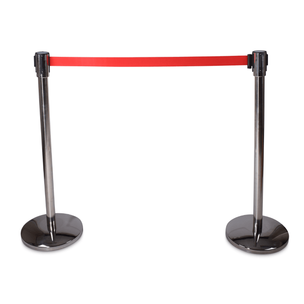 2 afzetpalen verchroomd met ronde voet en platte kop. Inclusief 2 meter rood treklint.