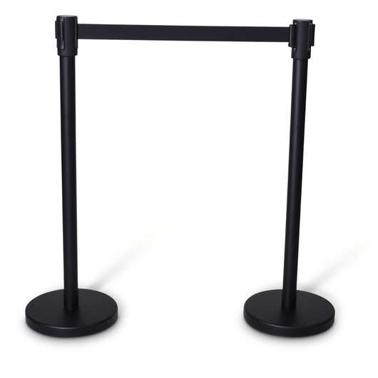 2 afzetpalen zwart met ronde voet en platte kop. Inclusief 2 meter zwart treklint.