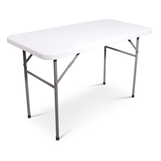 Blow mold bankettafel 122 x 61 cm. Wit gemêleerd blad met zwart gelakt inklapbaar onderstel.  