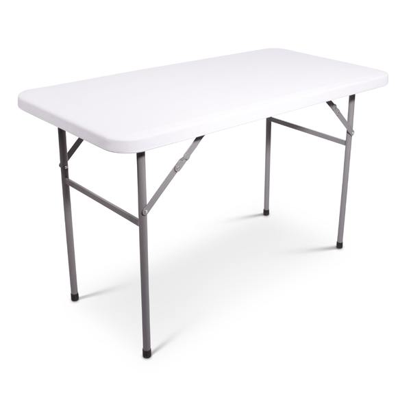 Blow mold bankettafel 122 x 61 cm. Wit gemêleerd blad met zwart gelakt inklapbaar onderstel.  