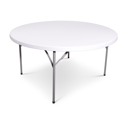 Opvouwbare blow mold bankettafel Ø 150 cm. Wit gemêleerd blad met zwart gelakt inklapbaar onderstel.  