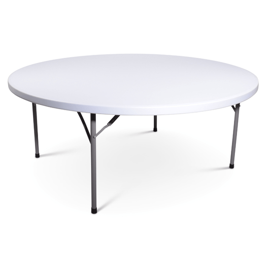 Opvouwbare blow mold bankettafel Ø 180 cm. Wit gemêleerd blad met zwart gelakt inklapbaar onderstel.  