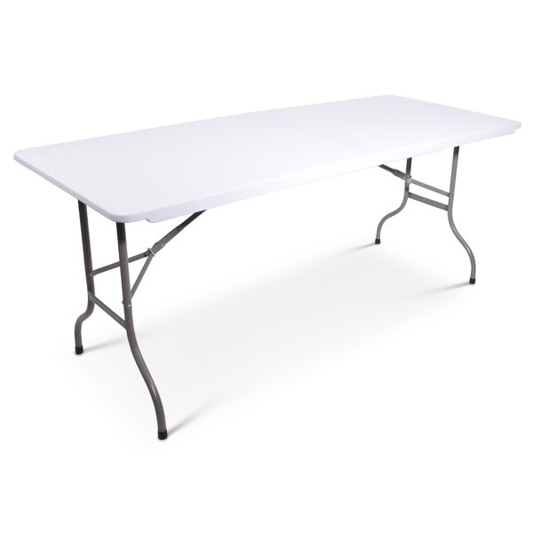 Opvouwbare blow mold bankettafel 180 x 76 cm. Wit gemêleerd blad met zwart gelakt inklapbaar onderstel.  Uitgeklapt.