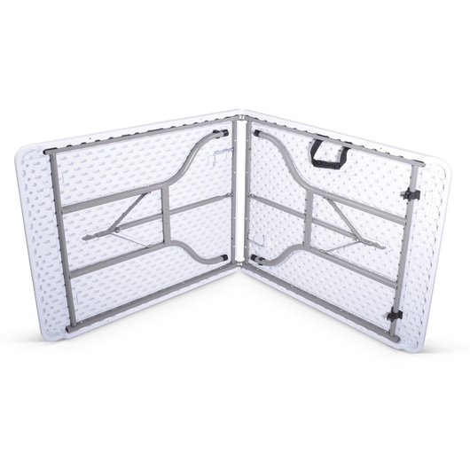 Onderkant opvouwbare blow mold bankettafel 180 x 76 cm. Wit gemêleerd blad met zwart gelakt inklapbaar onderstel.  