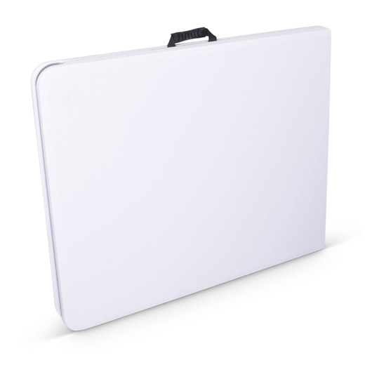 Ingeklapte opvouwbare blow mold bankettafel 180 x 76 cm. Wit gemêleerd blad met zwart gelakt inklapbaar onderstel.  