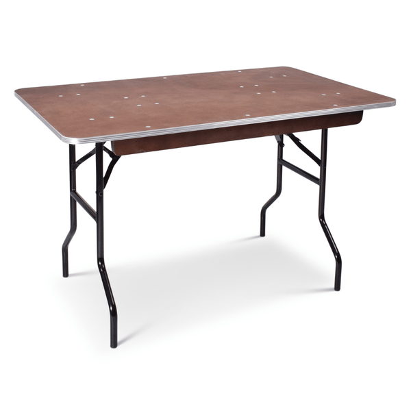 Multiplex bankettafel 122x76cm. Voorzien van aluminium stootrand en zwart gelakt stalen inklapbaar frame.