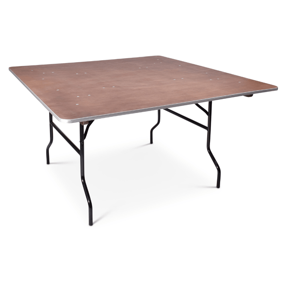 Multiplex bankettafel 140 x 140 cm. Voorzien van aluminium stootrand en zwart gelakt stalen inklapbaar frame.