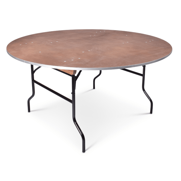 Multiplex bankettafe 153 cm rond. Voorzien van aluminium stootrand en zwart gelakt stalen inklapbaar frame.
