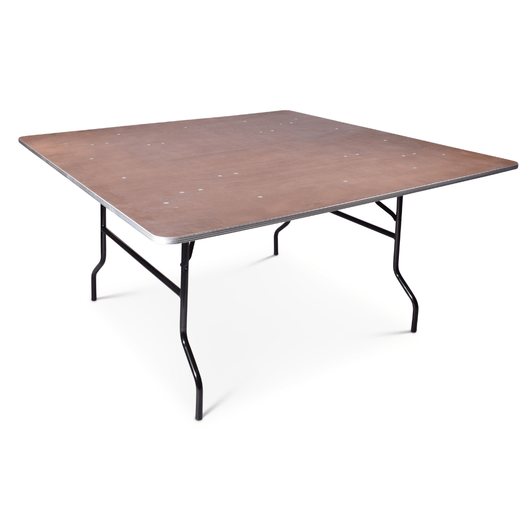Multiplex bankettafel 153 x 153 cm. Voorzien van aluminium stootrand en zwart gelakt stalen inklapbaar frame.