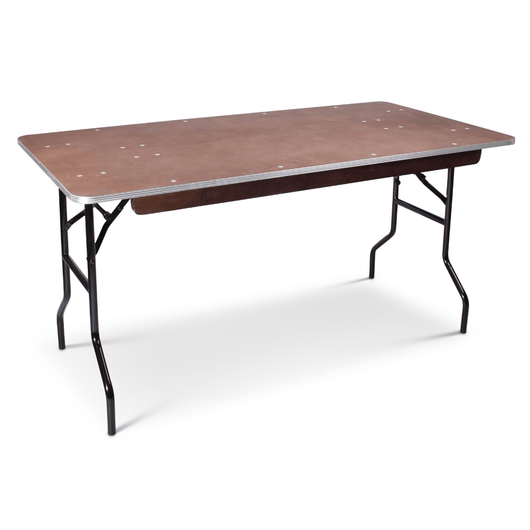 Multiplex bankettafel 153x76cm. Voorzien van aluminium stootrand en zwart gelakt stalen inklapbaar frame.