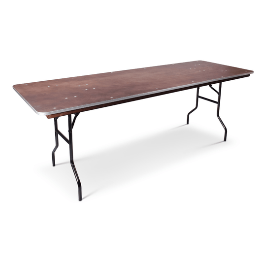 Multiplex bankettafel 220x76cm. Voorzien van aluminium stootrand en zwart gelakt stalen inklapbaar frame.
