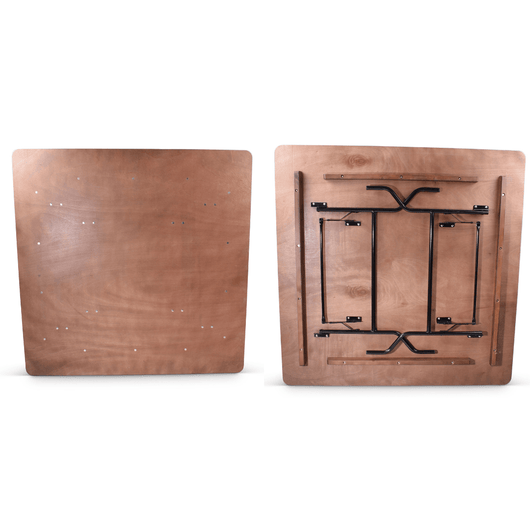 Multiplex bankettafel 140 x 140 cm boven en onderkant. Voorzien van aluminium stootrand en zwart gelakt stalen inklapbaar frame.