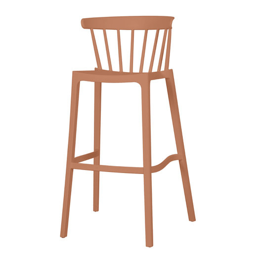 Stapelbare kunststof barkruk. Ronde rugleuning voorzien van spijlen. Kleur: terracotta.