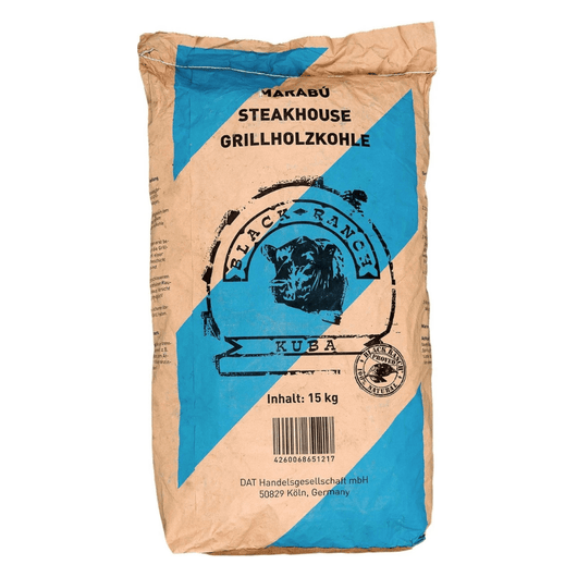 Black Ranch Marabú houtskool 15 kg – premium Cubaanse barbecue houtskool met lange brandduur en hoge hitte, ideaal voor kamado en steakhouse-grillen.