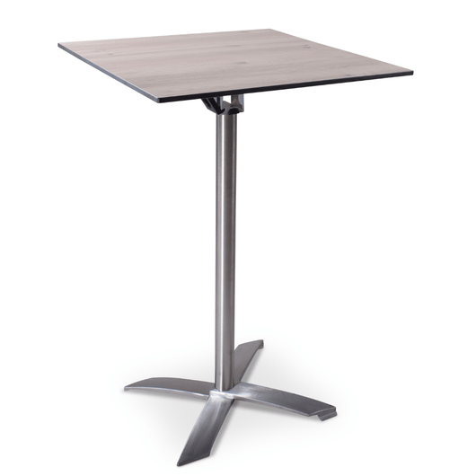 Statafel met kantelbaar blad van 70 x 70 cm warm eikenlook. rvs-look frame, kruispoot.