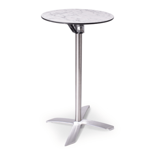 Statafel met kantelbaar blad van ø60 cm wit gemarmerd. rvs-look frame, kruispoot.