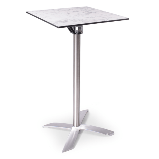 Statafel met kantelbaar blad van 60 x 60 cm wit gemarmerd. rvs-look frame, kruispoot.