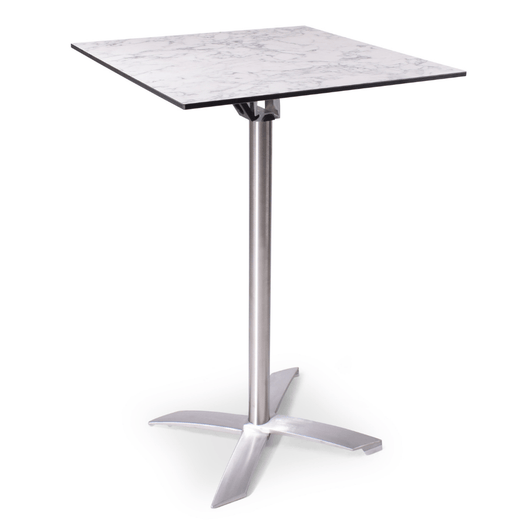 Statafel met kantelbaar blad van 70 x 70 cm wit gemarmerd. rvs-look frame, kruispoot.