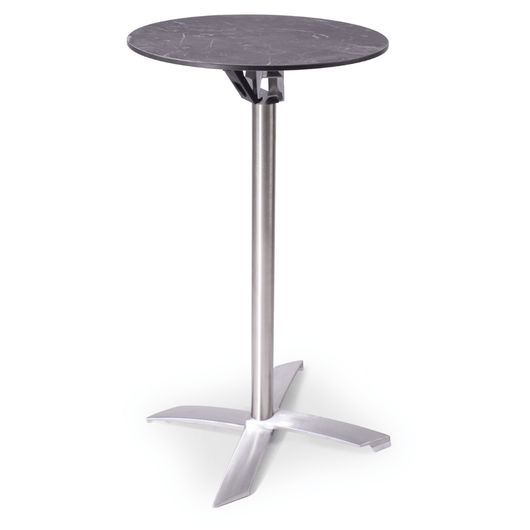Statafel met kantelbaar blad van ø60 cm zwart gemarmerd. rvs-look frame, kruispoot.