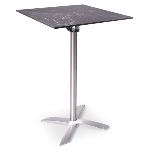 Statafel met kantelbaar blad van 70 x 70 cm zwart gemarmerd. rvs-look frame, kruispoot.
