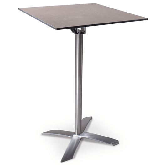 Statafel met kantelbaar blad van 70 x 70 cm stenen-look. rvs-look frame, kruispoot.