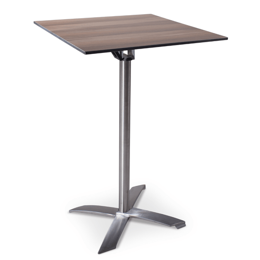 Statafel met kantelbaar blad van 70 x 70 cm warm eiken-look. rvs-look frame, kruispoot.