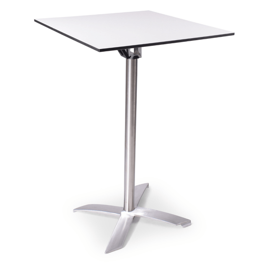 Statafel met kantelbaar blad van 70 x 70 cm wit. rvs-look frame, kruispoot.