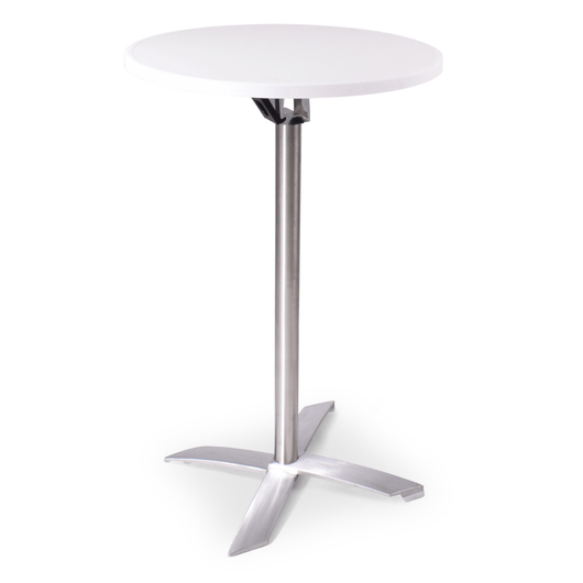 Statafel met kantelbaar blad van ø70 cm mlit wit. rvs-look frame, kruispoot.