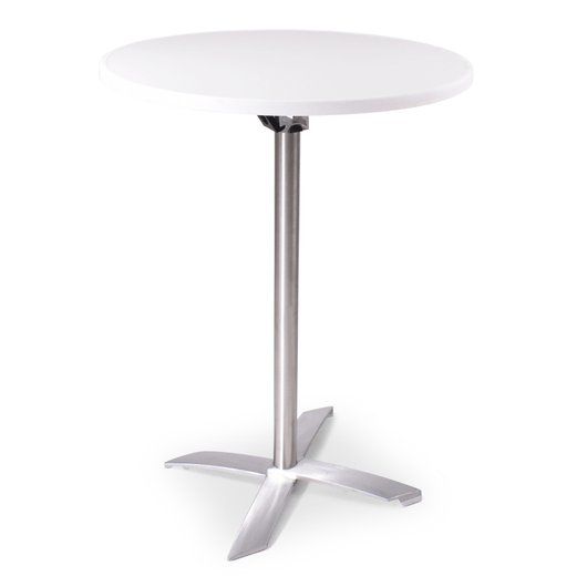 Statafel met kantelbaar blad van ø80 cm mlit wit. rvs-look frame, kruispoot.