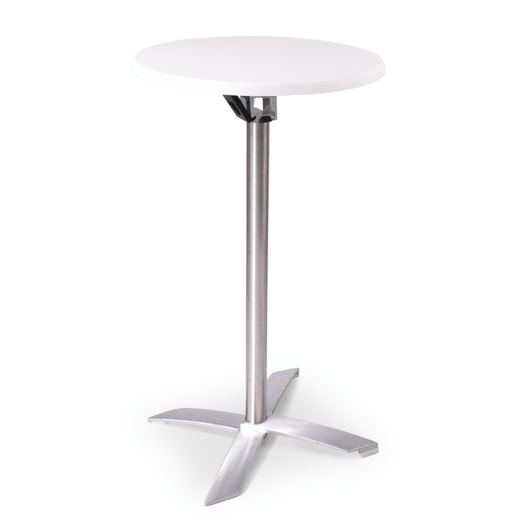 Statafel met kantelbaar blad van ø60 cm sevelit wit. rvs-look frame, kruispoot.