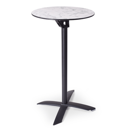 Statafel met kantelbaar blad van ø 60 cm gemarmerd wit. zwart frame, kruispoot.