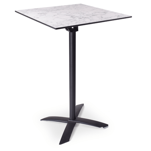 Statafel met kantelbaar blad van 70 x 70 cm wit gemarmerd. zwart frame, kruispoot.