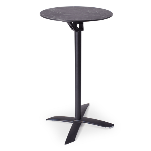 Statafel met kantelbaar blad van ø 60 cm zwart gemarmerd. zwart frame, kruispoot.