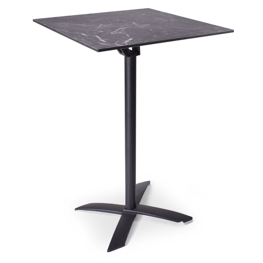Statafel met kantelbaar blad van 70 x 70 cm zwart gemarmerd. zwart frame, kruispoot.