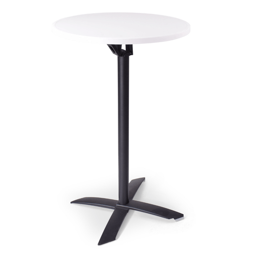 Statafel met kantelbaar blad van ø 70 cm mlit wit. zwart frame, kruispoot.