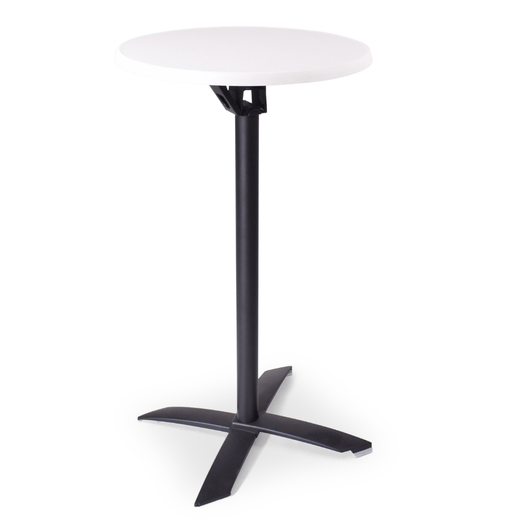 Statafel met kantelbaar blad van ø 60 cm sevelit wit. zwart frame, kruispoot.