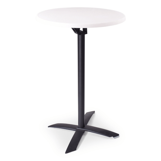 Statafel met kantelbaar blad van ø 70 cm mlit wit. zwart frame, kruispoot.