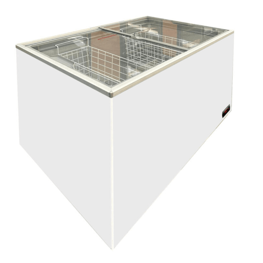 Koel- vrieskist met glazen schuifdeksel. De schuifdeksel is gemaakt van gehard glas. De koelkist heeft een bruto inhoudsvolume van 314 liter. 