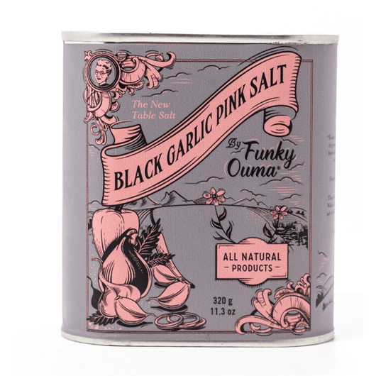 Funky Ouma zwarte knoflook zout in blik 320 gram. 