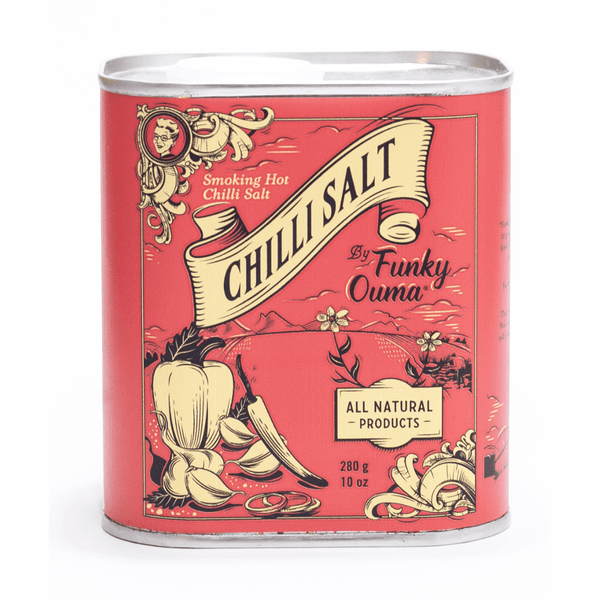 Funky Ouma chili salt rub blikje van 335 gram.