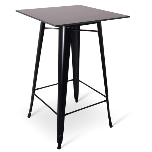 Stapelbare statafel Gandria met zwart frame voorzien van voetsteunen en compact blad van 70 x 70 cm. Kleur blad: donker teak.