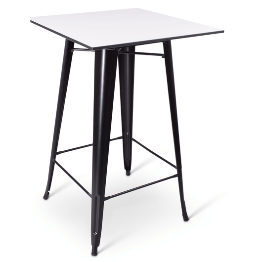 Stapelbare statafel Gandria met zwart frame voorzien van voetsteunen en compact blad van 70 x 70 cm. Kleur blad: wit.