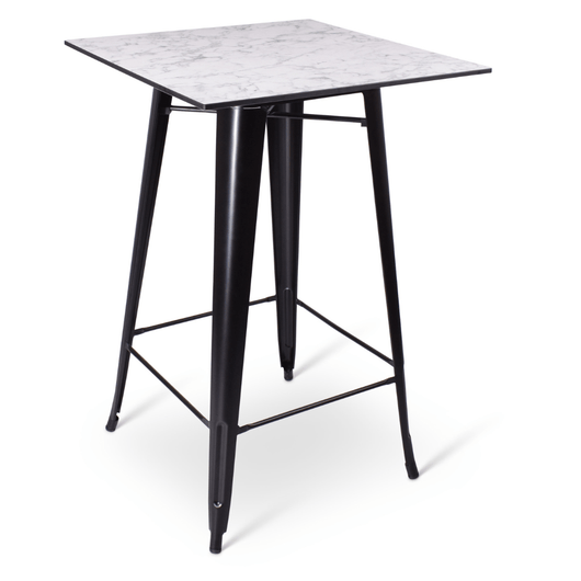 Stapelbare statafel Hamburg met zwart frame voorzien van voetsteunen en wit gemarmerd compact blad van 70 x 70 cm.