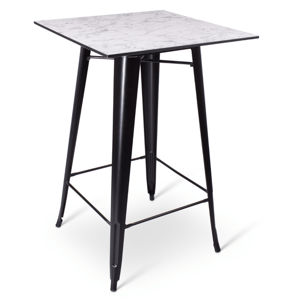 Stapelbare statafel Hamburg met zwart frame voorzien van voetsteunen en wit gemarmerd compact blad van 70 x 70 cm.