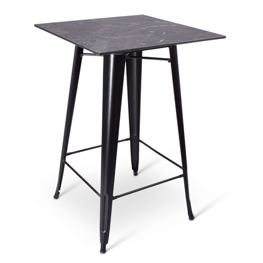 Stapelbare statafel Gandria met zwart frame voorzien van voetsteunen en compact blad van 70 x 70 cm. Kleur blad: zwart gemarmerd.