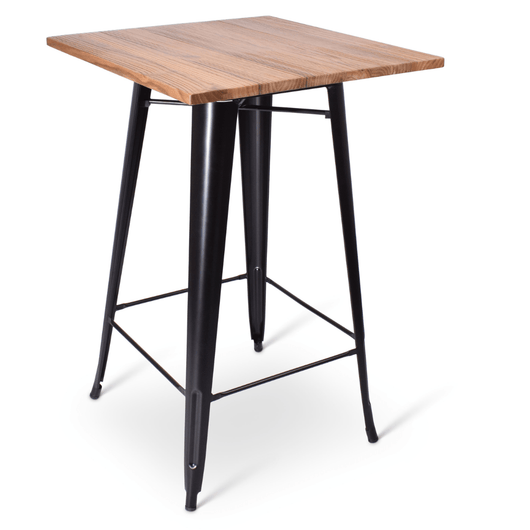 Stapelbare statafel Gandria met zwart frame voorzien van voetsteunen en iepen houten blad van 70 x 70 cm. 