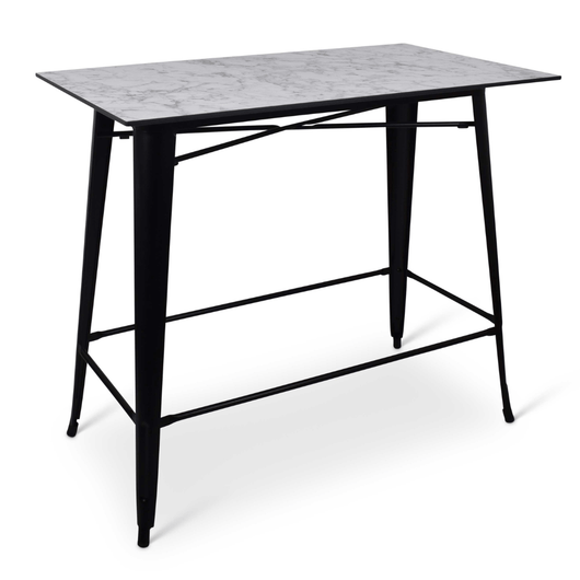 Stapelbare statafel Gandria met zwart frame voorzien van voetsteunen en compact wit gemarmerd blad van 120 x 70 cm. 